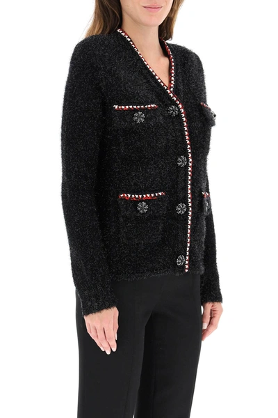 Shop Self-portrait Metallic Knit Cardigan In Black,white,red