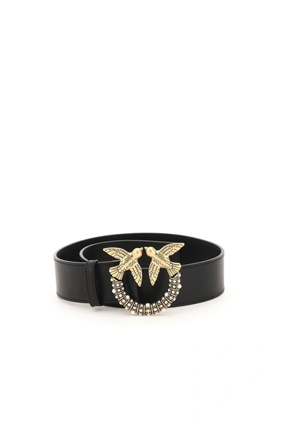 Shop Pinko Love Birds Leather Belt With Pearls In Black
