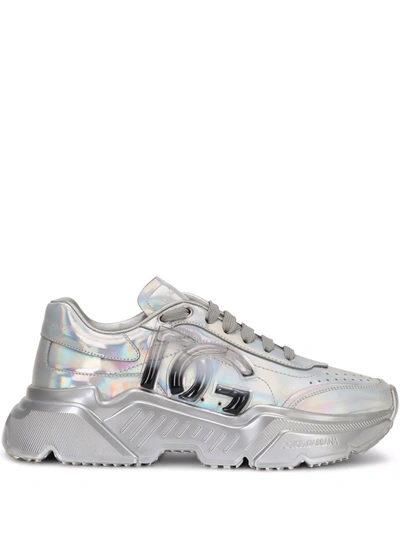 Shop Dolce & Gabbana Holographic-effect Lace-up Sneakers In Grey