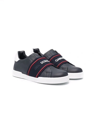 Dolce & Gabbana Teen Logo Slip-on Leather Sneakers In Blue