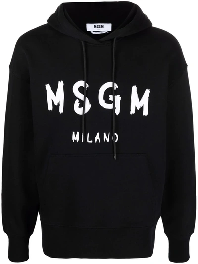 Msgm Logo Print Cotton Hoodie In Schwarz