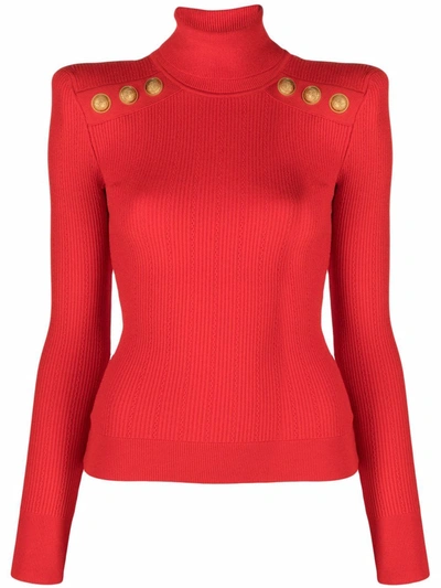 Shop Balmain Long-sleeve Roll-neck Top In Red