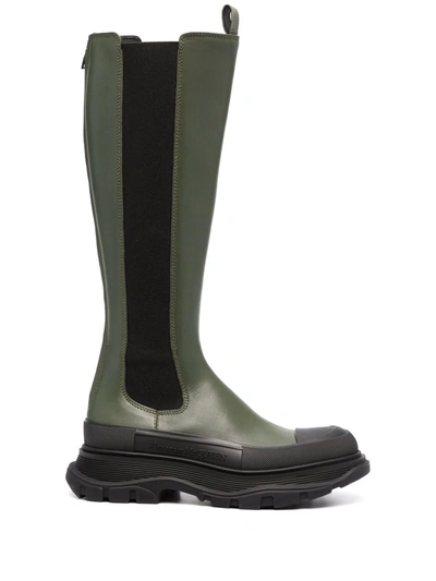 Alexander Mcqueen 40mm Tread Slick Leather Tall Boots In Green