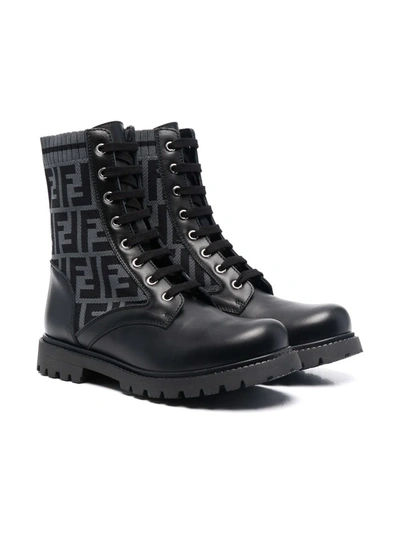 Shop Fendi Teen Ff Motif Lace-up Boots In 黑色