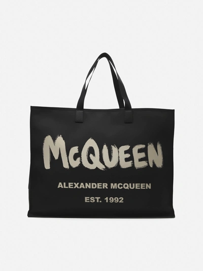 Shop Alexander Mcqueen East West Tote Bag In Nylon With Graffiti Print In Black