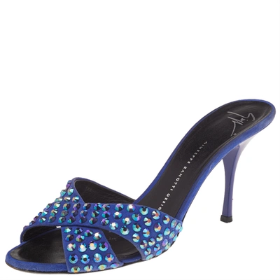 Pre-owned Giuseppe Zanotti Blue Suede Embellished Slide Sandals Size 40