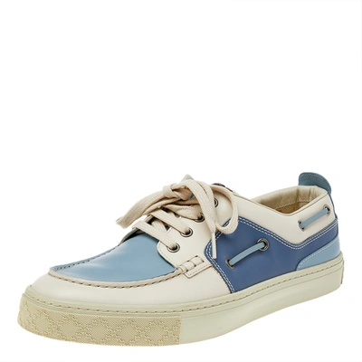 Pre-owned Gucci White/blue Leather Low Top Sneakers Size 42.5