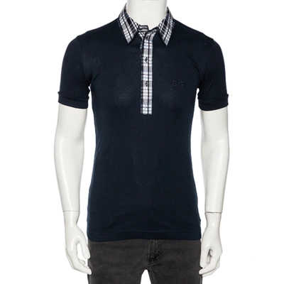 Pre-owned Dolce & Gabbana Navy Blue Cotton Plaid Trim Detail Polo T-shirt M (it 48)