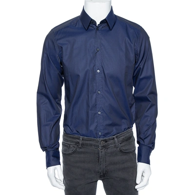 Pre-owned Dolce & Gabbana Indigo Coated Cotton Button Front Gold Fit Shirt M In Navy Blue