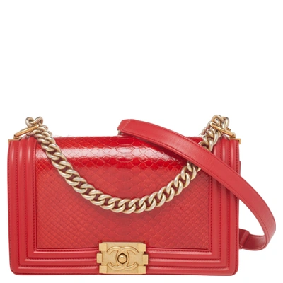 Pre-owned Chanel Red Python And Leather Medium Boy Flap Bag