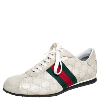 Pre-owned Gucci Ssima Leather And Suede Web Low Top Sneakers Size 40 In White