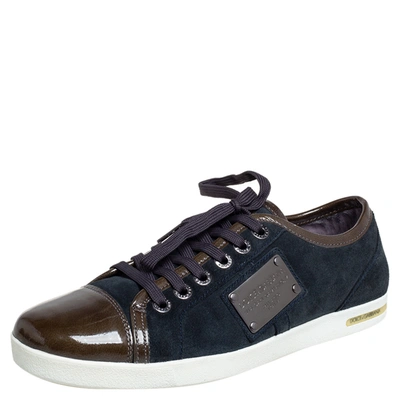 Pre-owned Dolce & Gabbana Navy Blue/green Suede And Patent Leather Logo Plague Low Top Sneakers Size 40