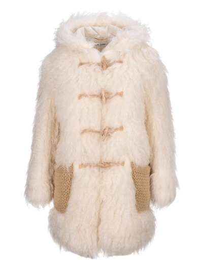 Shop Saint Laurent Faux Fur Hooded Long Duffle Coat In White