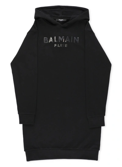 Shop Balmain Kids Logo Print Hoodie Dress In Black