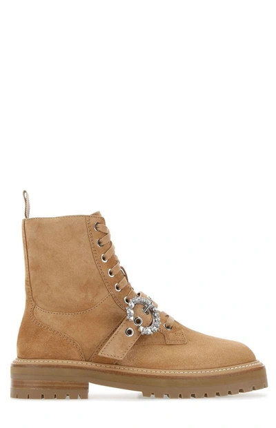 Shop Jimmy Choo Cora Flat Crystal Embellished Boots In Brown