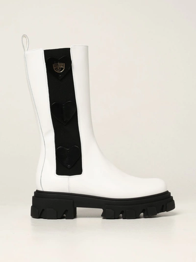 Shop Chiara Ferragni Boots  Hearts Boots In Leather With Applied Hearts In White