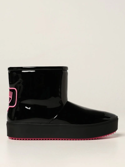 Shop Chiara Ferragni Flat Booties Eyelike  Ankle Boots In Patent Leather In Black