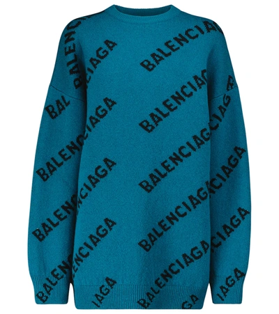 Shop Balenciaga Logo Wool-blend Oversized Sweater In Blue