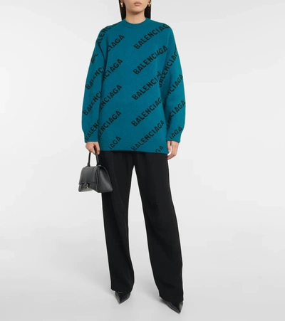 Shop Balenciaga Logo Wool-blend Oversized Sweater In Blue