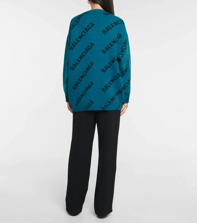 Shop Balenciaga Logo Wool-blend Oversized Sweater In Blue