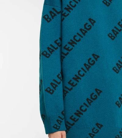 Shop Balenciaga Logo Wool-blend Oversized Sweater In Blue