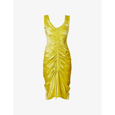 Shop Bottega Veneta Womens Kiwi Look Ruched V-neck Velvet Midi Dress 10