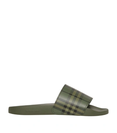 Shop Burberry Check Slides In Green
