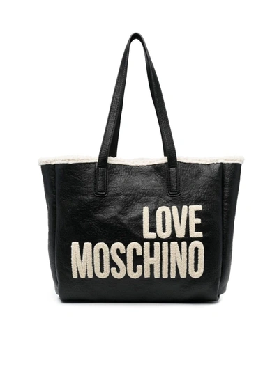 Shop Love Moschino Logo Embroidered Tote Bag In Black