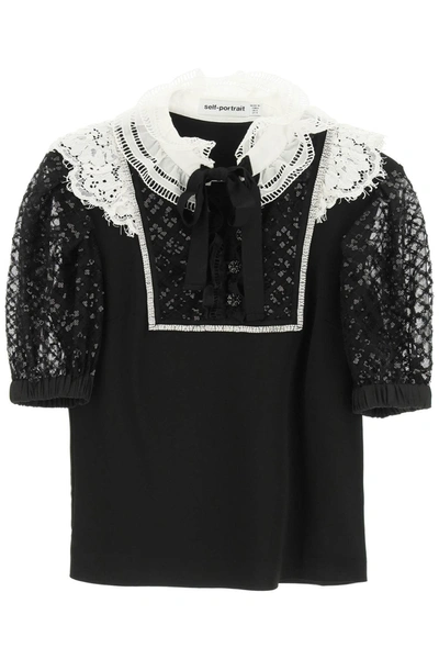 Shop Self-portrait Self Portrait Mini Dress With Lace And Crystals In Mixed Colours