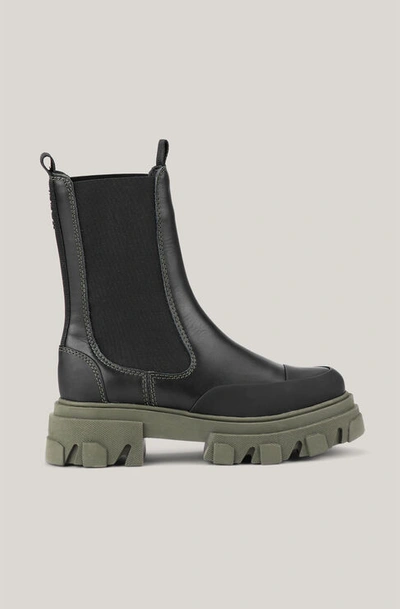 Shop Ganni Leather Mid-calf Chelsea Boots In Black/green