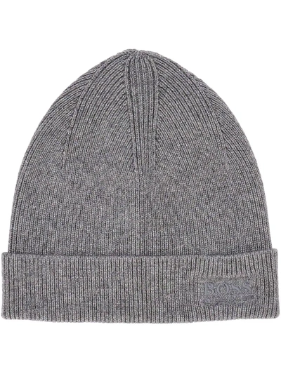 Shop Hugo Boss Ribbed Knitted Beanie In Grey