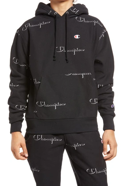 Shop Champion Reverse Weave(r) All Over Logo Hoodie In Script Drop Shadow Black