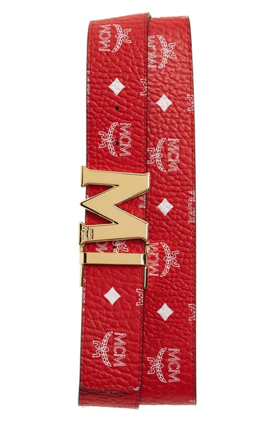 Shop Mcm Visetos Reversible Belt In White Logo Viva Red