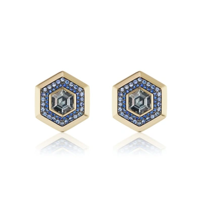 Shop Sorellina Nomad Hex Stud Earrings In Yellow Gold,spinel,blue Sapphire