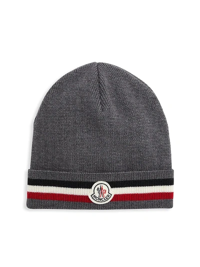 Shop Moncler Men's Bell Logo Beanie Hat In Charcoal