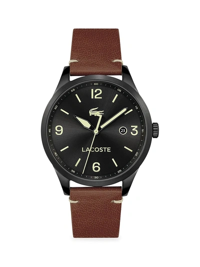 Shop Lacoste Traveler Stainless Steel Leather Strap Watch In Black
