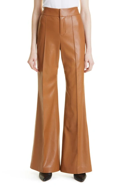 Alice And Olivia Dylan High Waist Wide Leg Pants In Black Faux Leather In Camel
