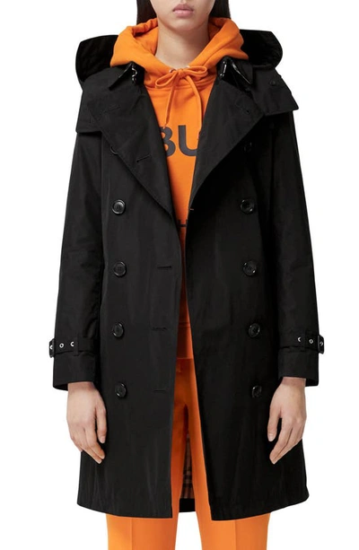 Shop Burberry Kensington Taffeta Trench Coat With Detachable Hood In Black