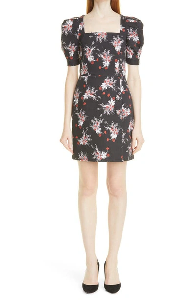 Shop Adam Lippes Floral Print Puff Sleeve Stretch Cotton Dress In Poppy/ Black Popbk