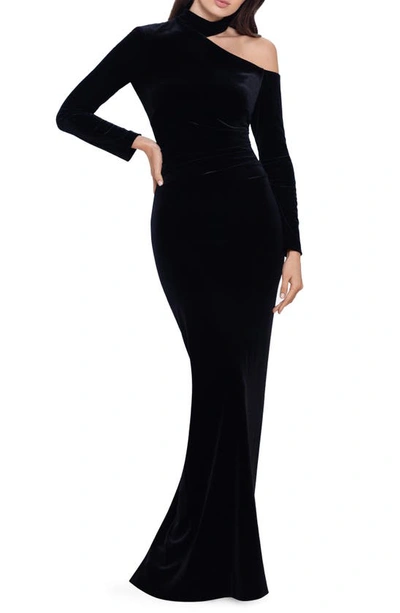 Shop Xscape Velvet Cold Shoulder Long Sleeve Gown In Black