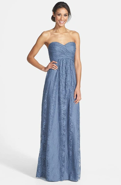 Shop Amsale Pleated Lace Sweetheart Strapless Gown In Slate