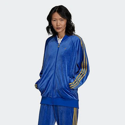 Shop Adidas Originals Adidas Women's Originals Monogram Velvet 3-stripes Track Jacket In Bold Blue