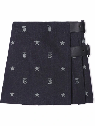 Shop Burberry Star And Monogram Motif Japanese Denim Kilt In Blue