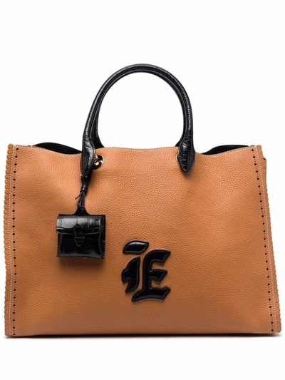 Shop Ermanno Scervino Logo-patch Leather Tote Bag In Brown