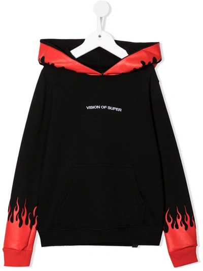 Vision Of Super Black Kids Hoodie Wtih Red Flames In Black