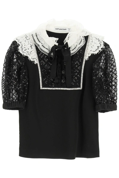 Shop Self-portrait Mini Dress With Lace And Crystals In Black,white