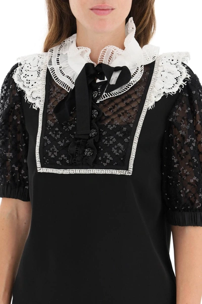 Shop Self-portrait Mini Dress With Lace And Crystals In Black,white