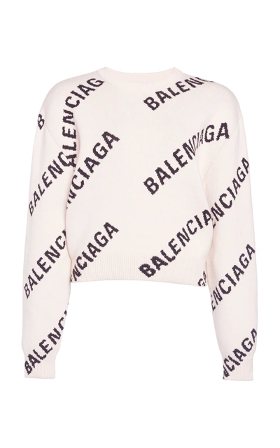 Shop Balenciaga Women's Logo-knit Cotton-blend Sweater In Neutral