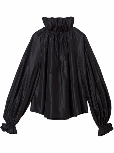 Shop Carolina Herrera Ruffle-neck Silk Blouse In Black