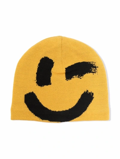 Shop Molo Smiley-face Knitted Beanie In Yellow